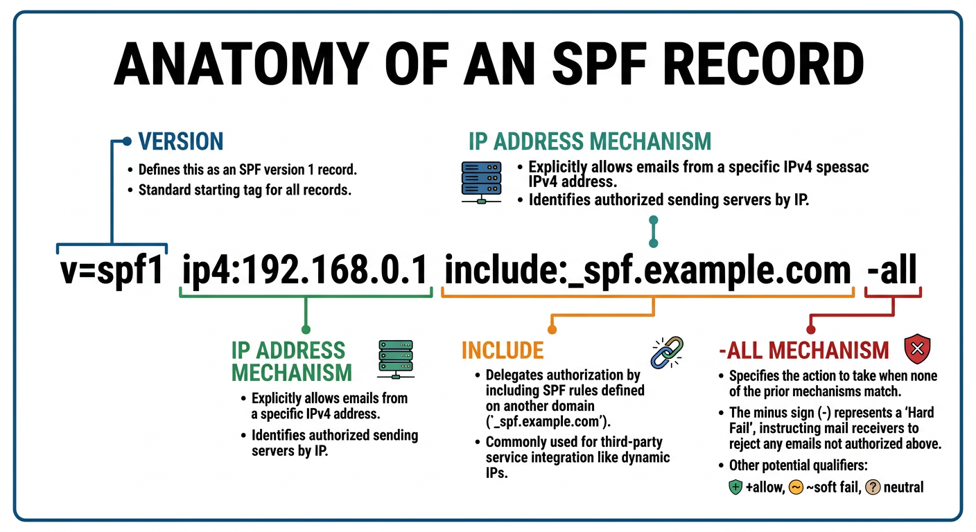 Diagram labeling the parts of an SPF record: the v=spf1 version tag, the ip4 IP address mechanism, the include mechanism for third-party senders, and the -all hardfail qualifier