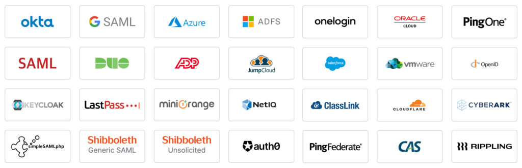 Enterprise SSO providers supported by AutoSPF including Okta, Azure, ADFS, OneLogin, PingOne, Duo, JumpCloud, Salesforce, VMware, Auth0, CyberArk, Rippling, and 15 more
