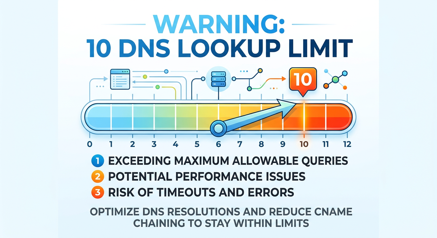 Gauge illustration of the SPF 10 DNS lookup limit, with the needle approaching the maximum and warnings about exceeding allowable queries, performance issues, and the risk of timeouts and errors