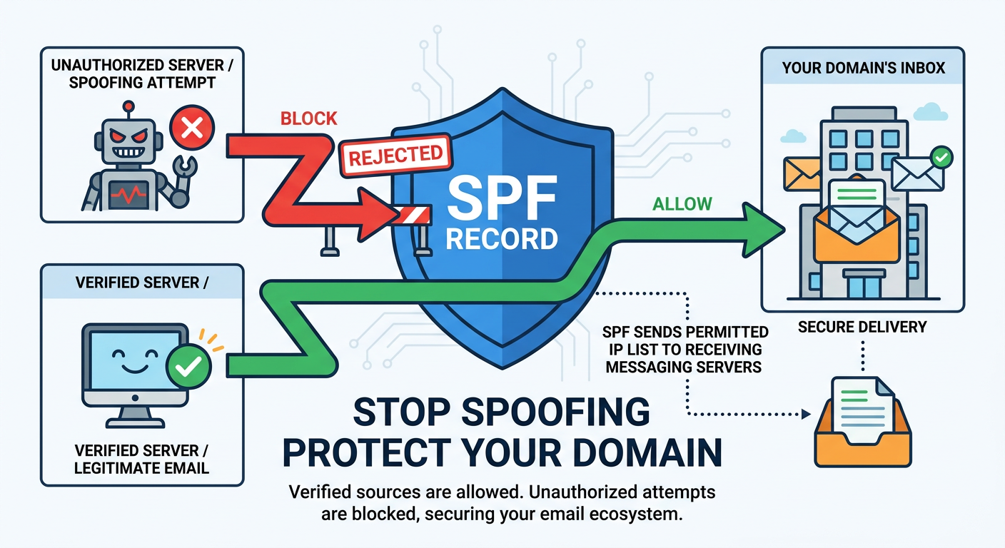Flow diagram showing how an SPF record blocks unauthorized senders and spoofing attempts while allowing verified mail servers to deliver email on behalf of your domain