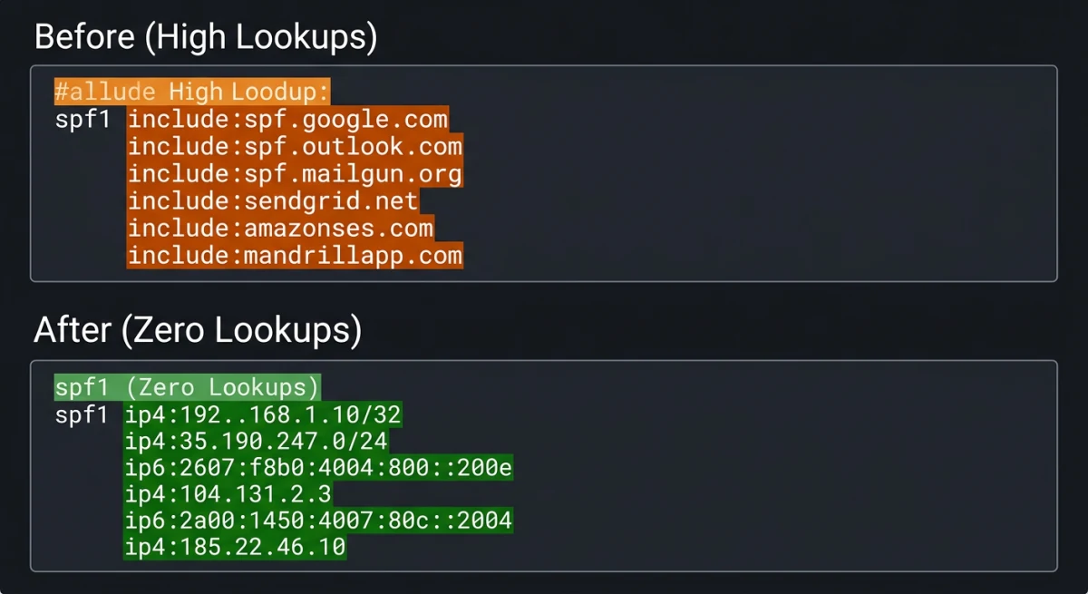 SPF record before and after flattening: six include mechanisms causing high DNS lookups replaced by explicit ip4 and ip6 ranges with zero lookups