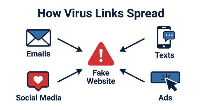 How Virus Links Spread: Emails, Texts, Social Media, Ads, and Fake Websites