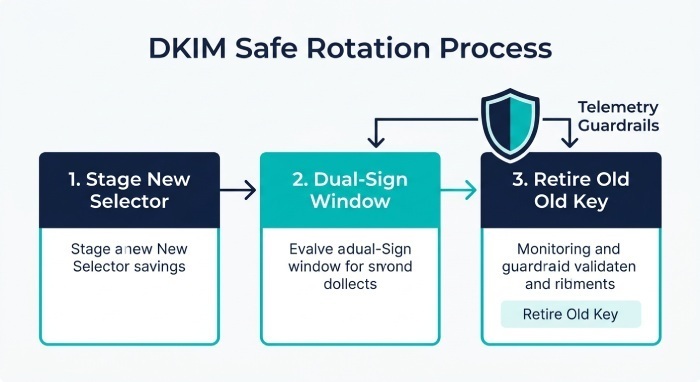 DKIM key generation, selectors, and rotation (with secure storage)