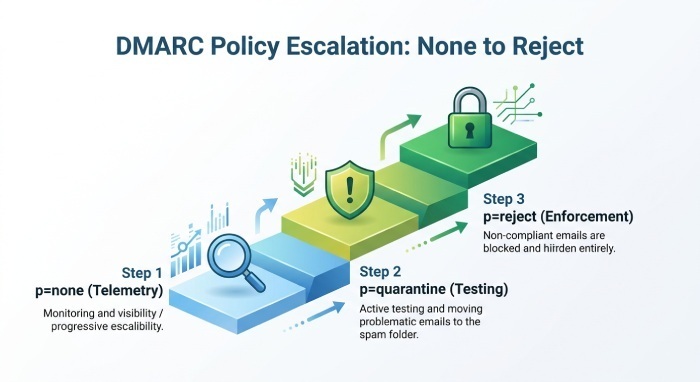 Step 2 — Escalate Policy Safely: p=none → p=quarantine → p=reject