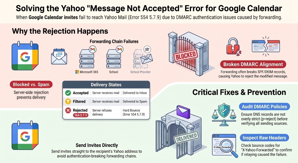 Solving the Yahoo Message not accepted error for Google Calender