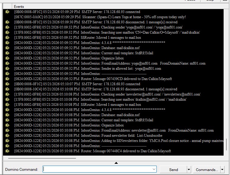 InboxGenius configuration in SpamSentinel admin console on HCL Domino
