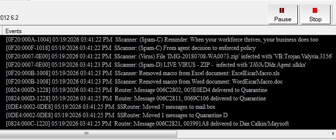 SpamSentinel admin console running on HCL Domino, showing real-time spam scanning, macro stripping, and message routing