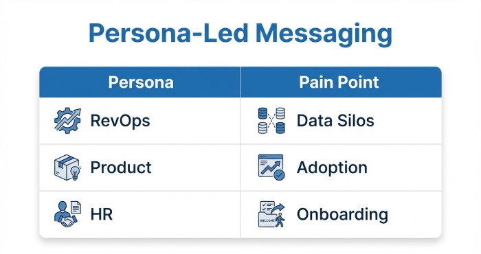 Persona Pain Points Table A clean comparison table aligning specific company roles with their unique software pain points.